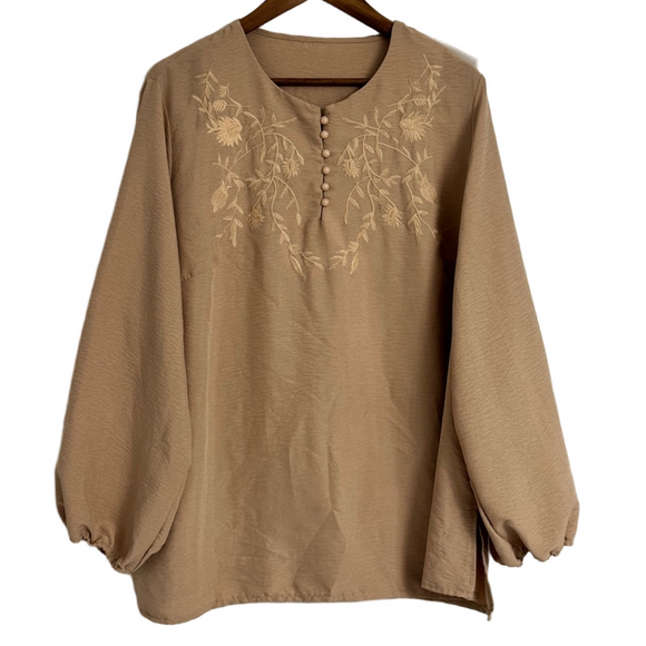 SHEIN Tops - SHEIN Tan Blouse with Floral Embroidery 3XL